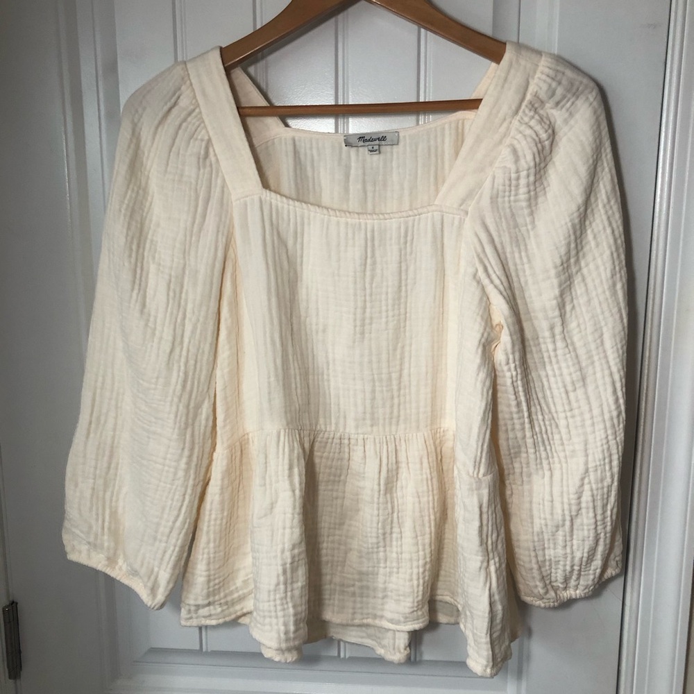 MADEWELL Babydoll Boho Millbrook Square Neck Peplum Cream Ivory Blouse Top - Picture 2 of 9